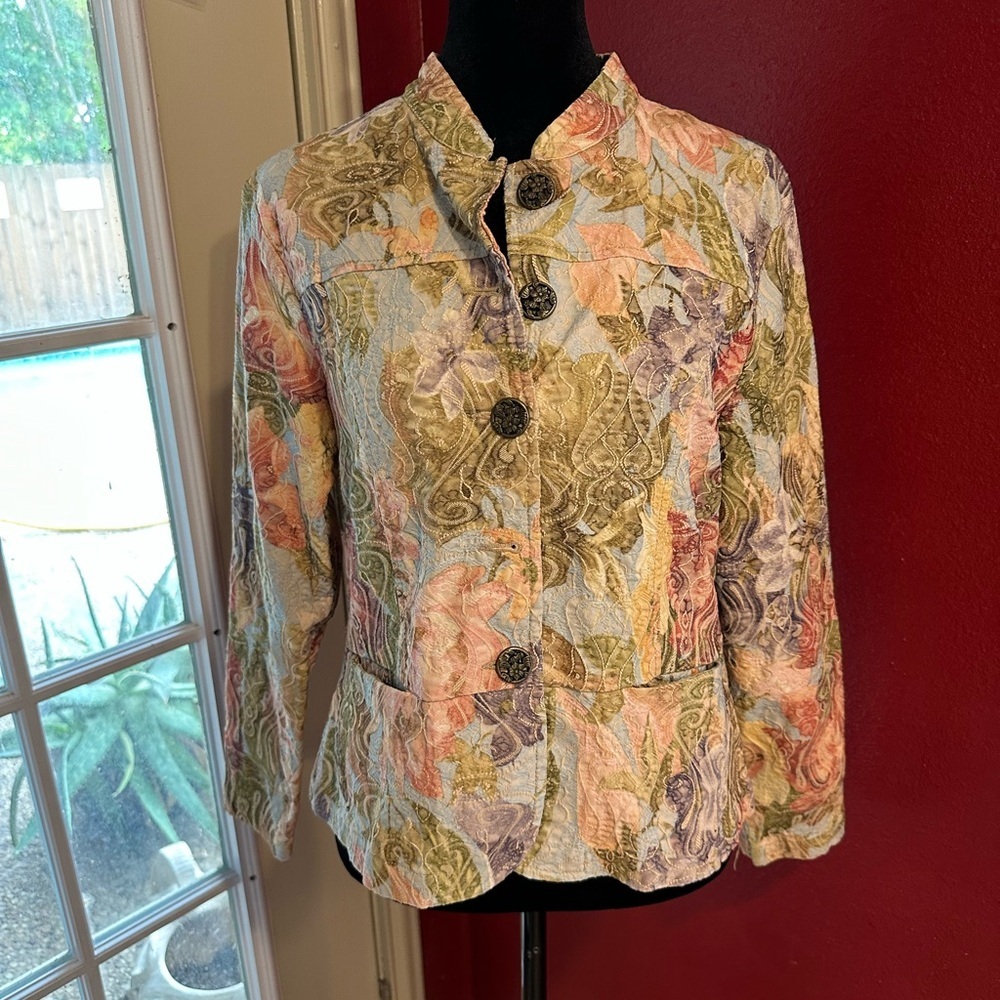 Analogy Petite Quilted Floral Jacket Women’s Fits Small Medium Button Front